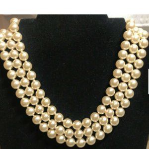 Vintage 1980's KJL Kenneth J Lane Triple Strand Pearls Big Logo Clasp